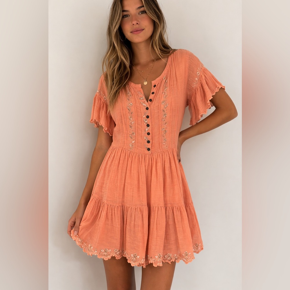Free People Peach Embroidered Boho Mini Dress Small Cottagecore Prairie